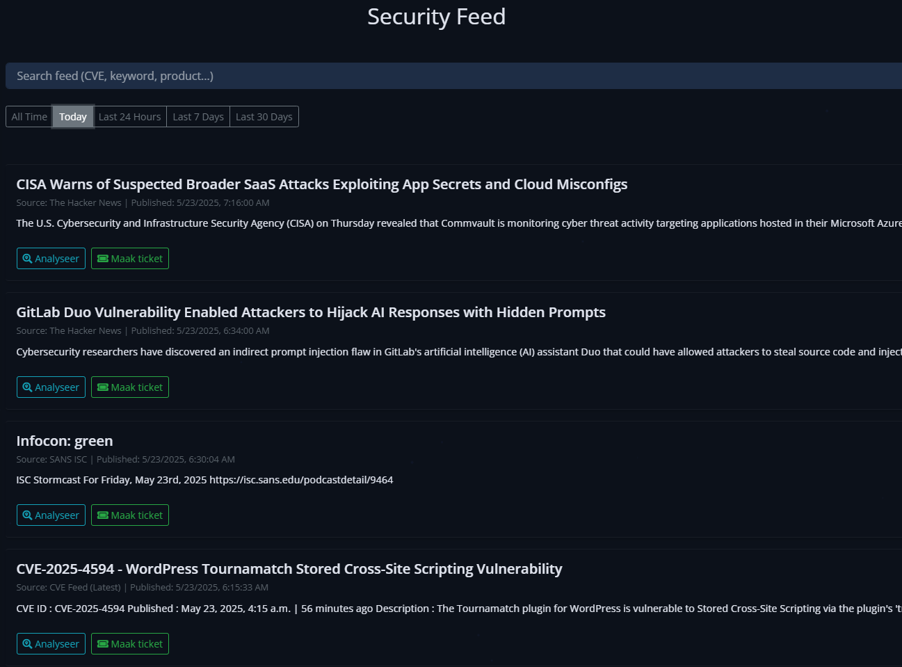 Security Feed dashboard with live CVE and threat intelligence